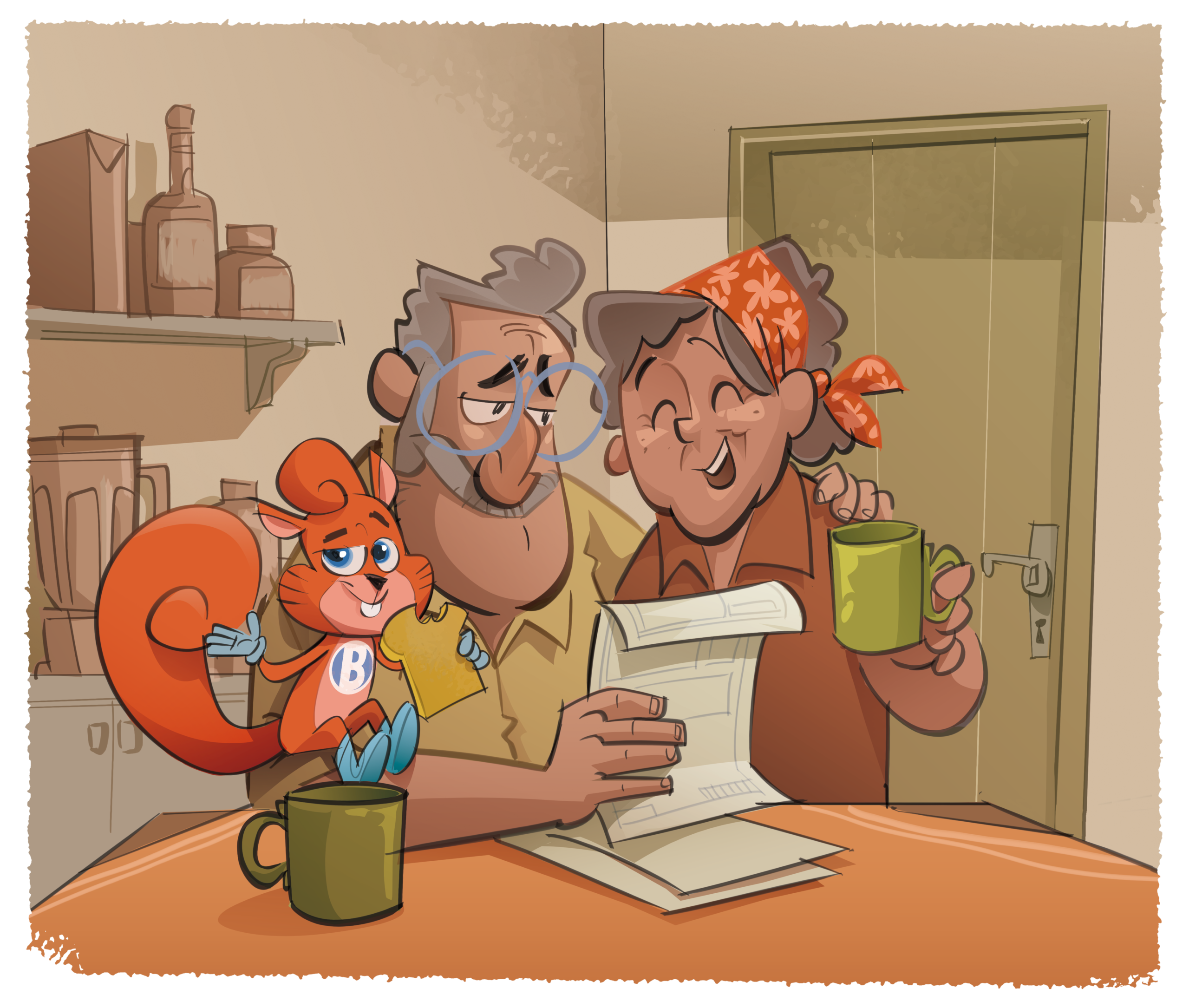 Bemi, seu joão e dona marina sentados a mesa tomando café e lendo um papel