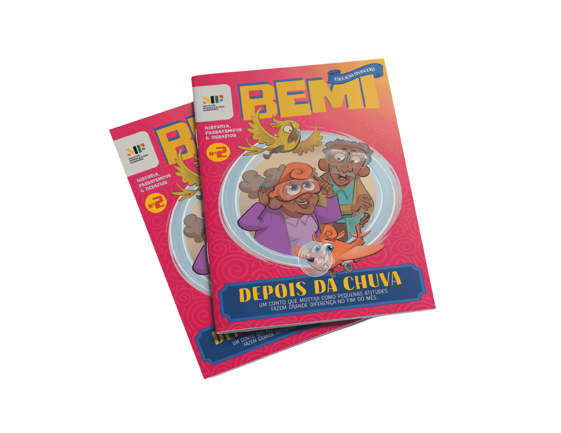 A ilustração representa a Capa_livro bemi depois da chuva. Nela tem uma senhora, um senhor, o esquilo bemi e uma calopsita