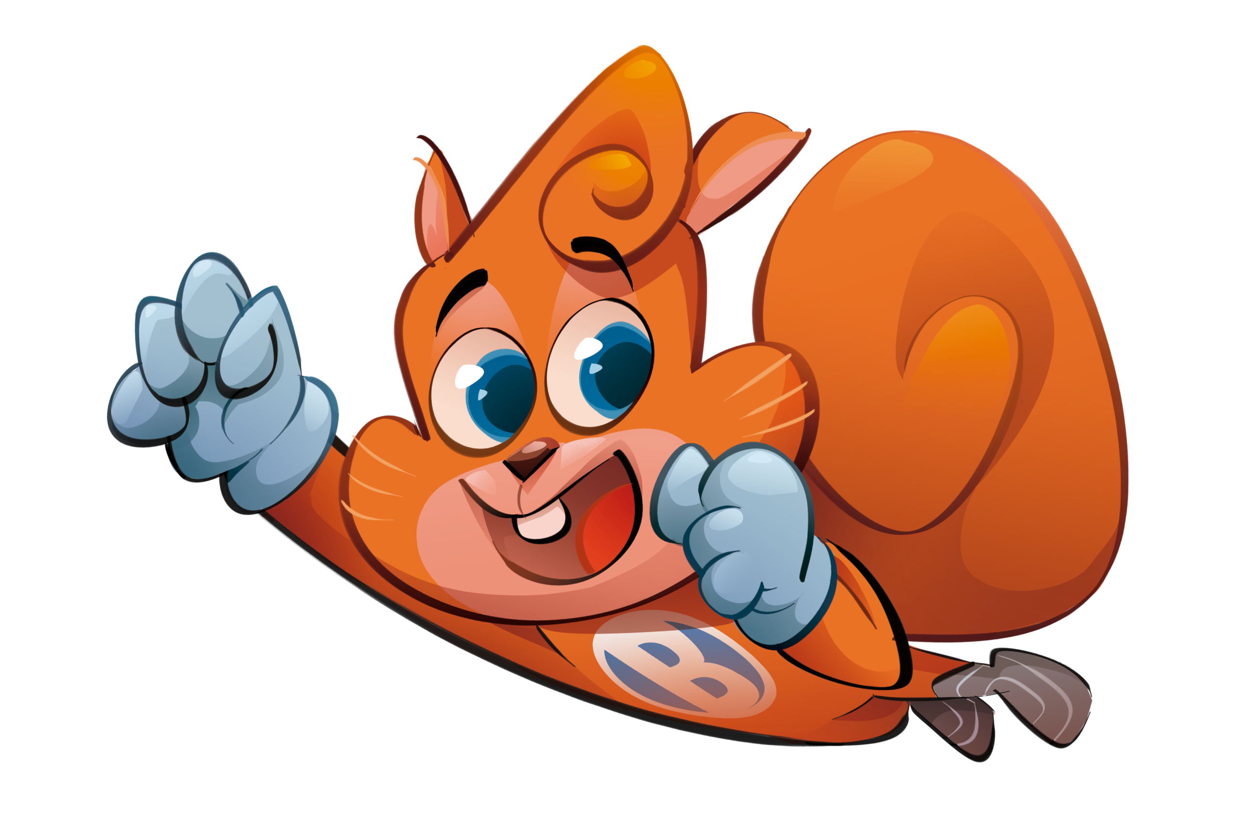 Esquilo sorridente-mascote do projeto social Ler e aprender com o Bemi com os braços para frente