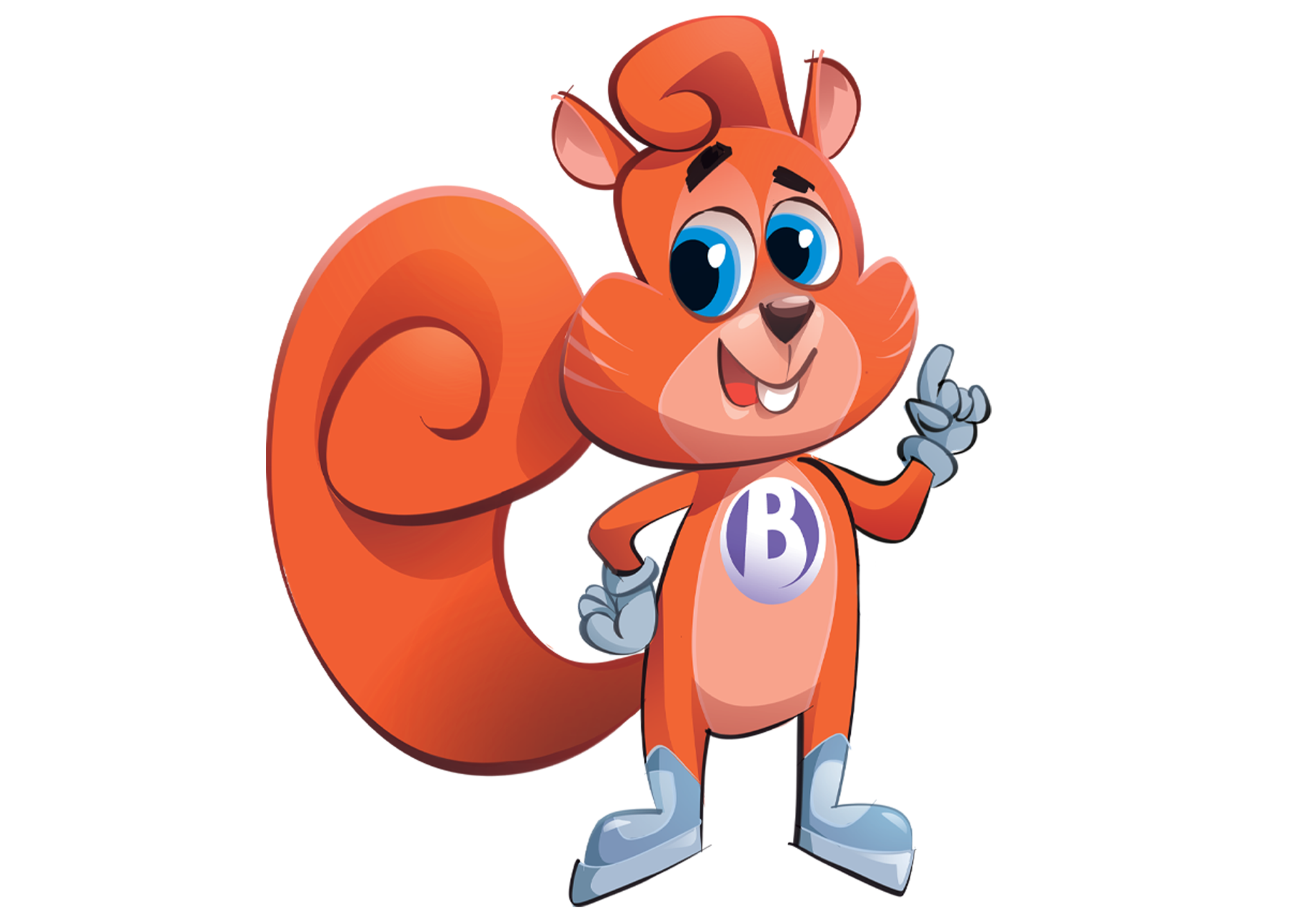 Esquilo sorridente-mascote do projeto social Ler e aprender com o Bemi apontando para cima