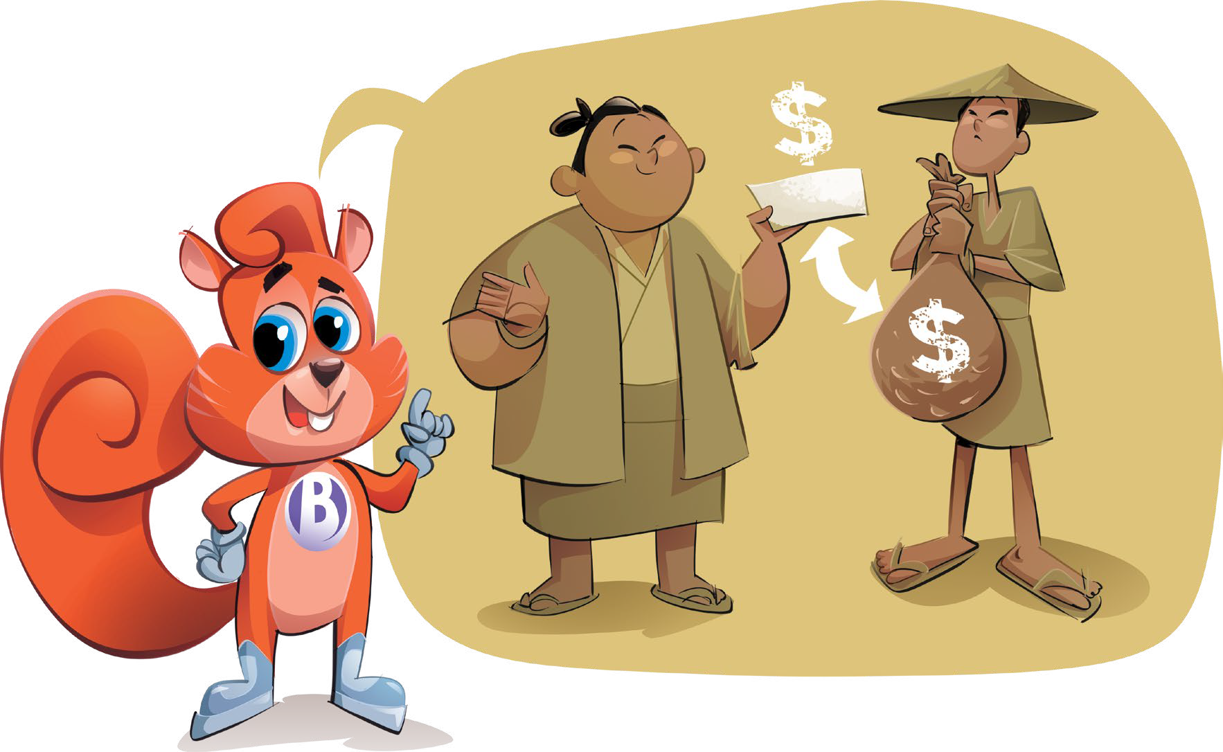 Esquilo sorridente-mascote do projeto social Ler e aprender com o Bemi apontando para cima ao explicar e ensinar educação financeira